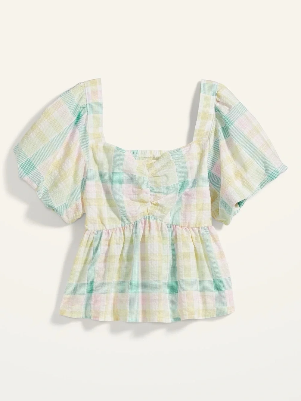 Old Navy Puff-Sleeve Smocked Seersucker Babydoll Swing Blouse Women’s Size M